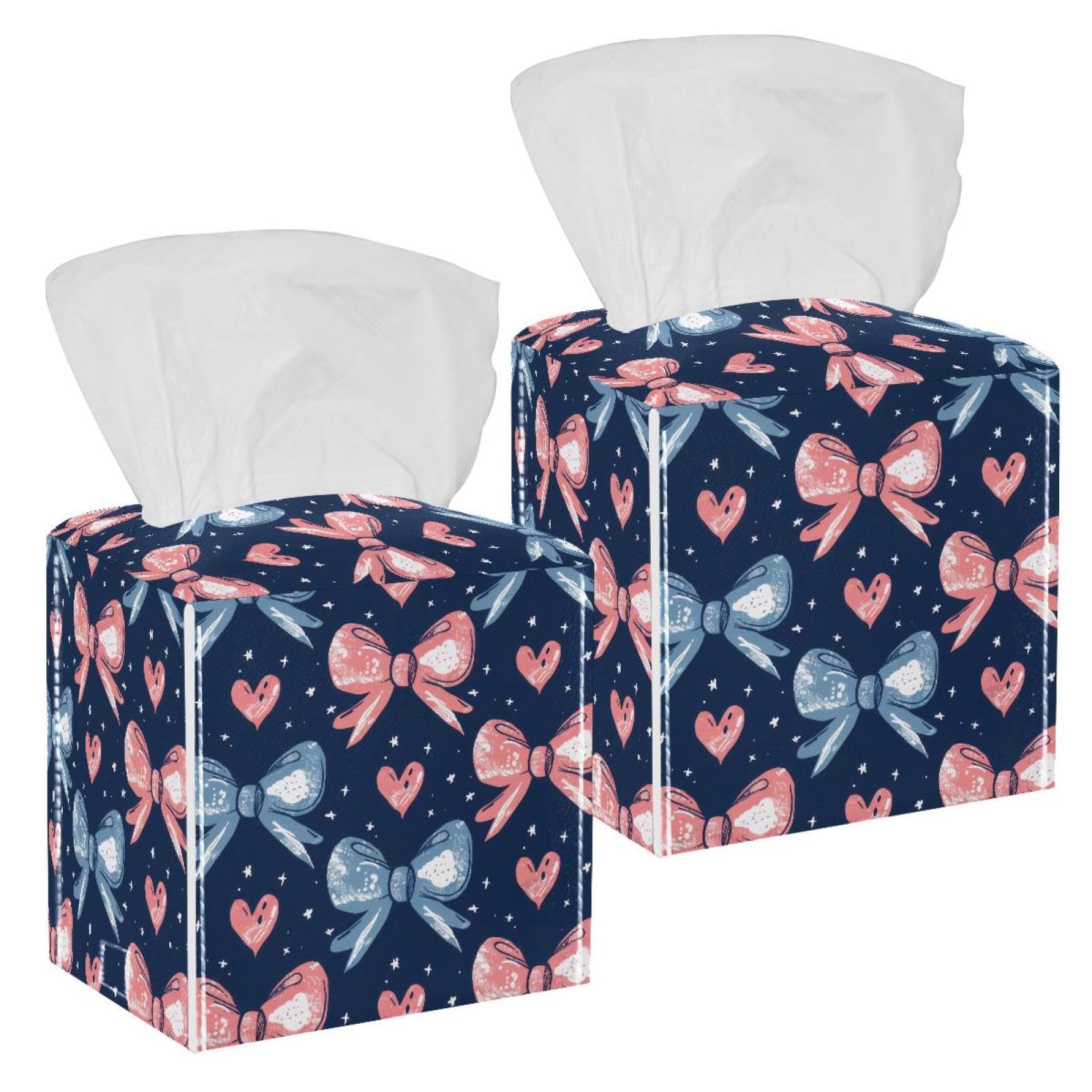 Bow and Love Hearts Tissue Box Cover, 2 Pack PU Leather Square Facial Tissue Dispenser Box holder for Home Office Car