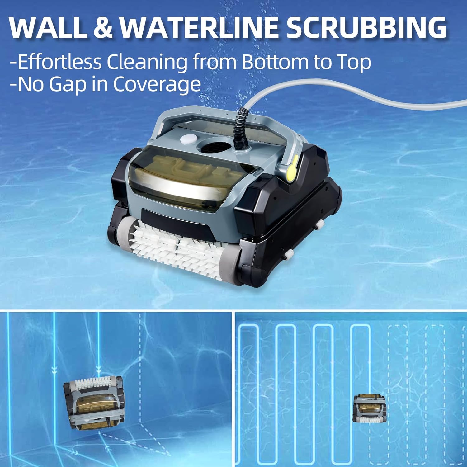 PioneerWorks Robotic Pool Vacuum Cleaner 130W, Waterliner Clean, Wall Climbing Capability, w/Top Load Filters, Wall Climbing Scrubber Brush for Above/In-Ground Pools Up to 50FT in Length, Grey