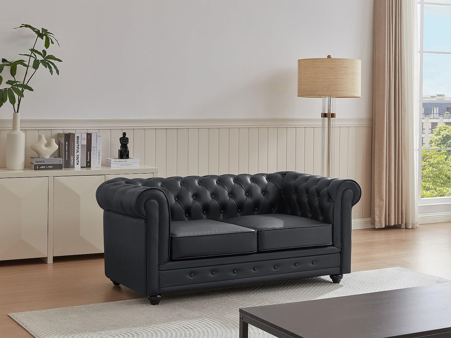 Vente-unique - Canapé 2 Places en Cuir de Buffle Noir Chesterfield