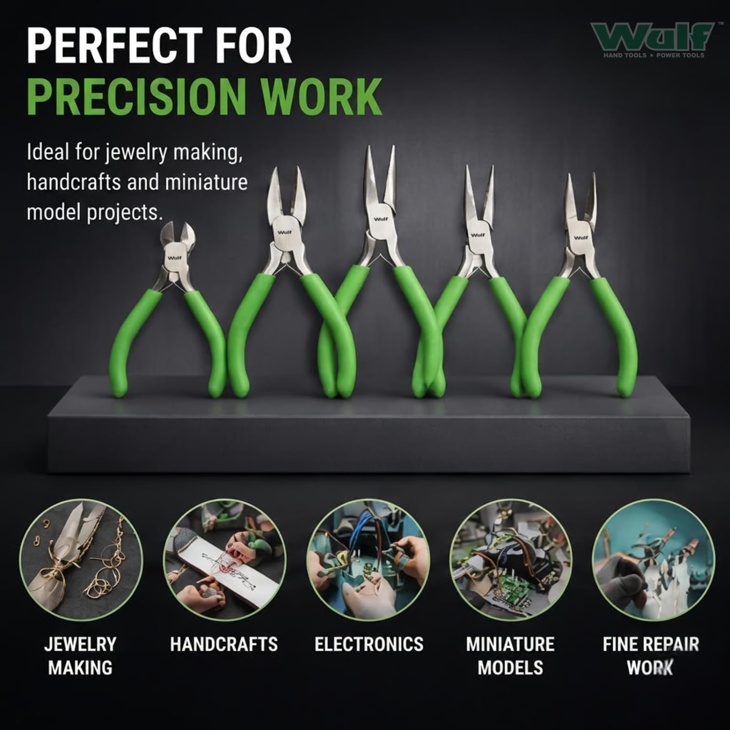 WULF 5 Pcs Pliers Set | Precision Hand Tools for Handcrafts, Model & Jewelry Making | Mini Pliers Kit with Comfort Grip Handles | Ideal for Cutting, Bending, Shaping & DIY Craft Projects 4