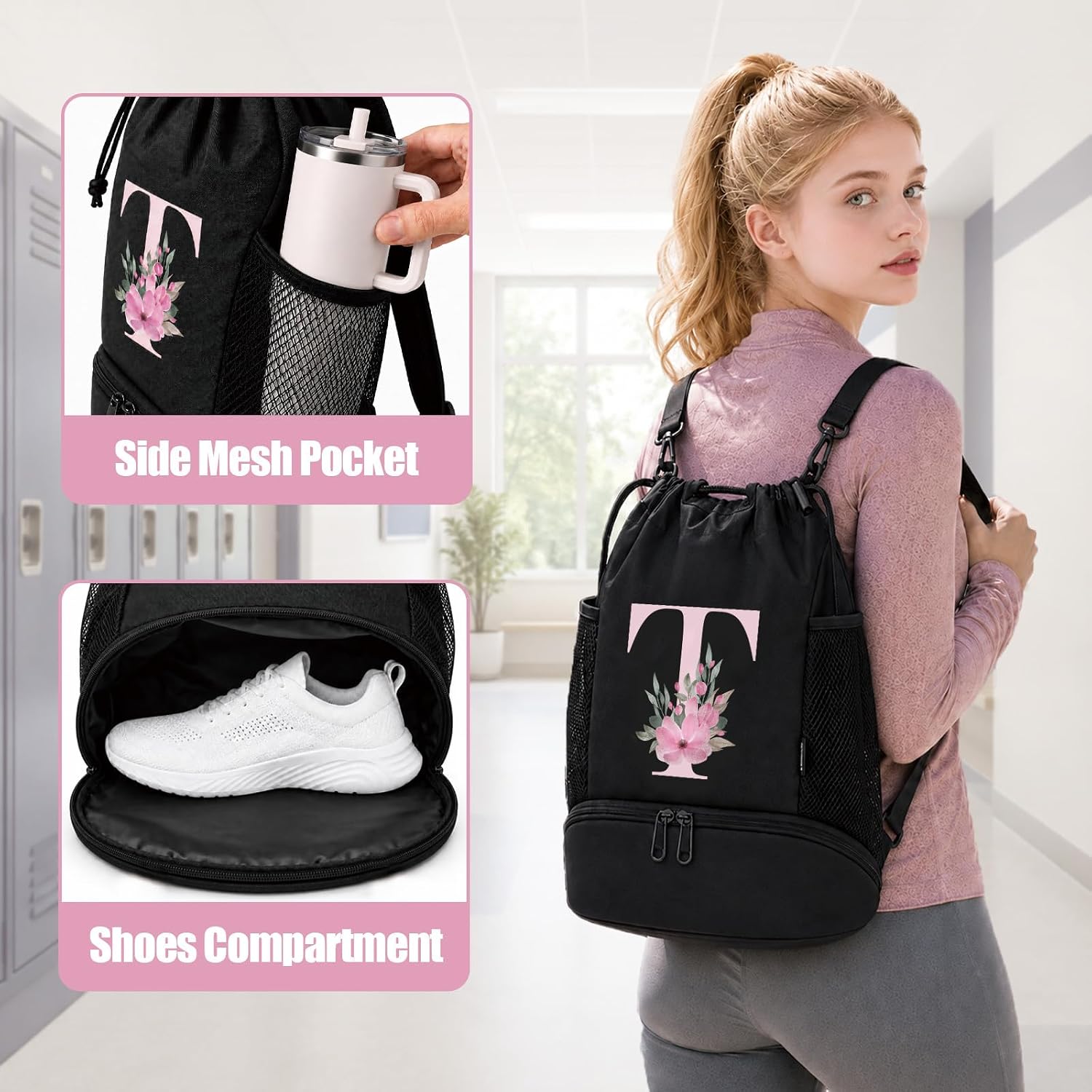 Vavabox Initial Drawstring Backpack with Shoe Compartment for Girls (S)