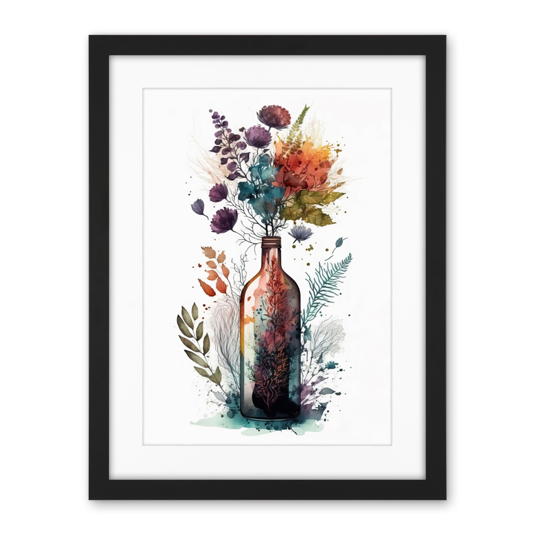 Artery8 Wine Bottle with Wildflower Floral Spring Bouquet Artwork Framed Wall Art Print 18X24 Inch