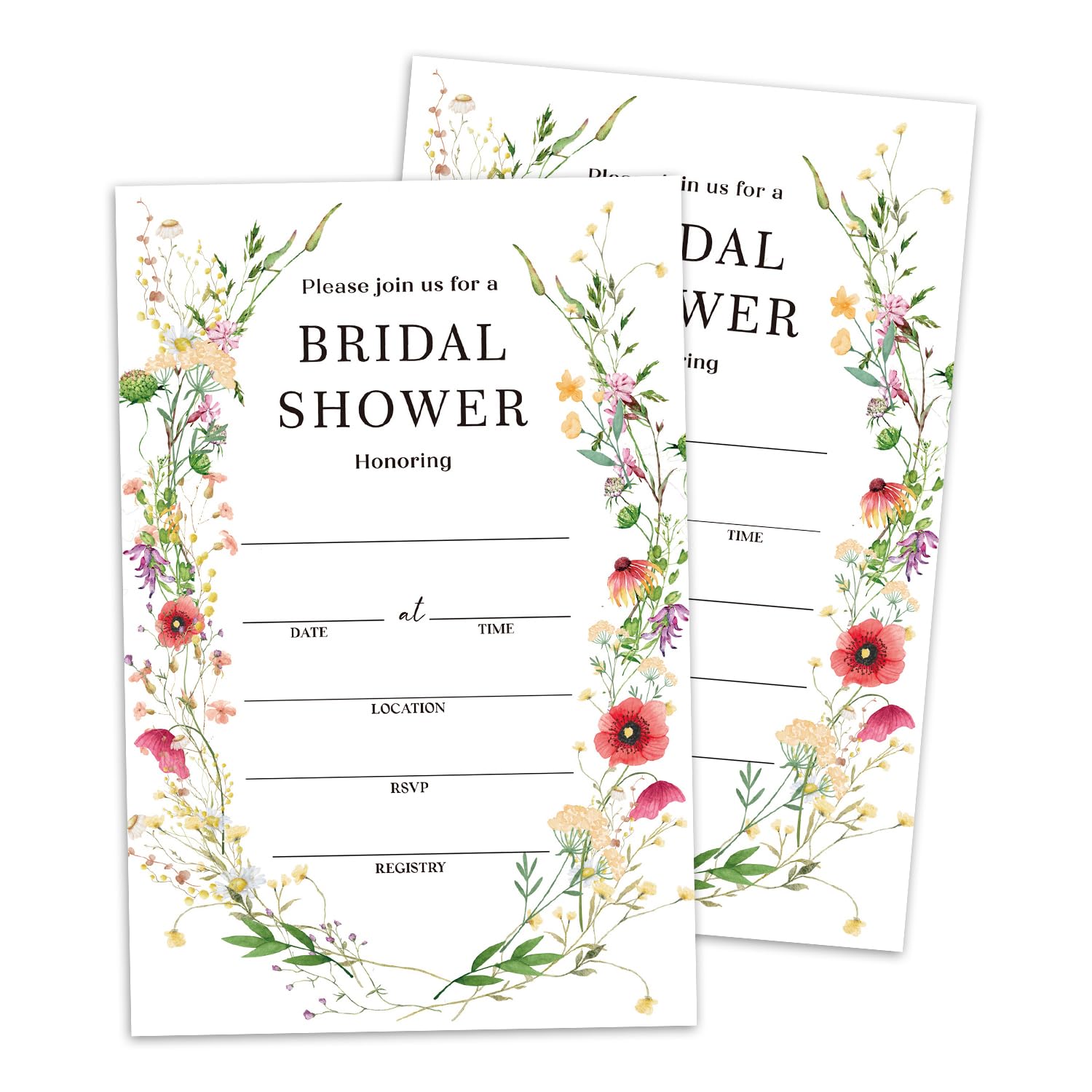 Set of 25 Bridal Shower Wildflower Invitations with Envelopes, Fall Wreath Invites for Bridal Shower, Wedding Party Invitations, Fill in Style Invites