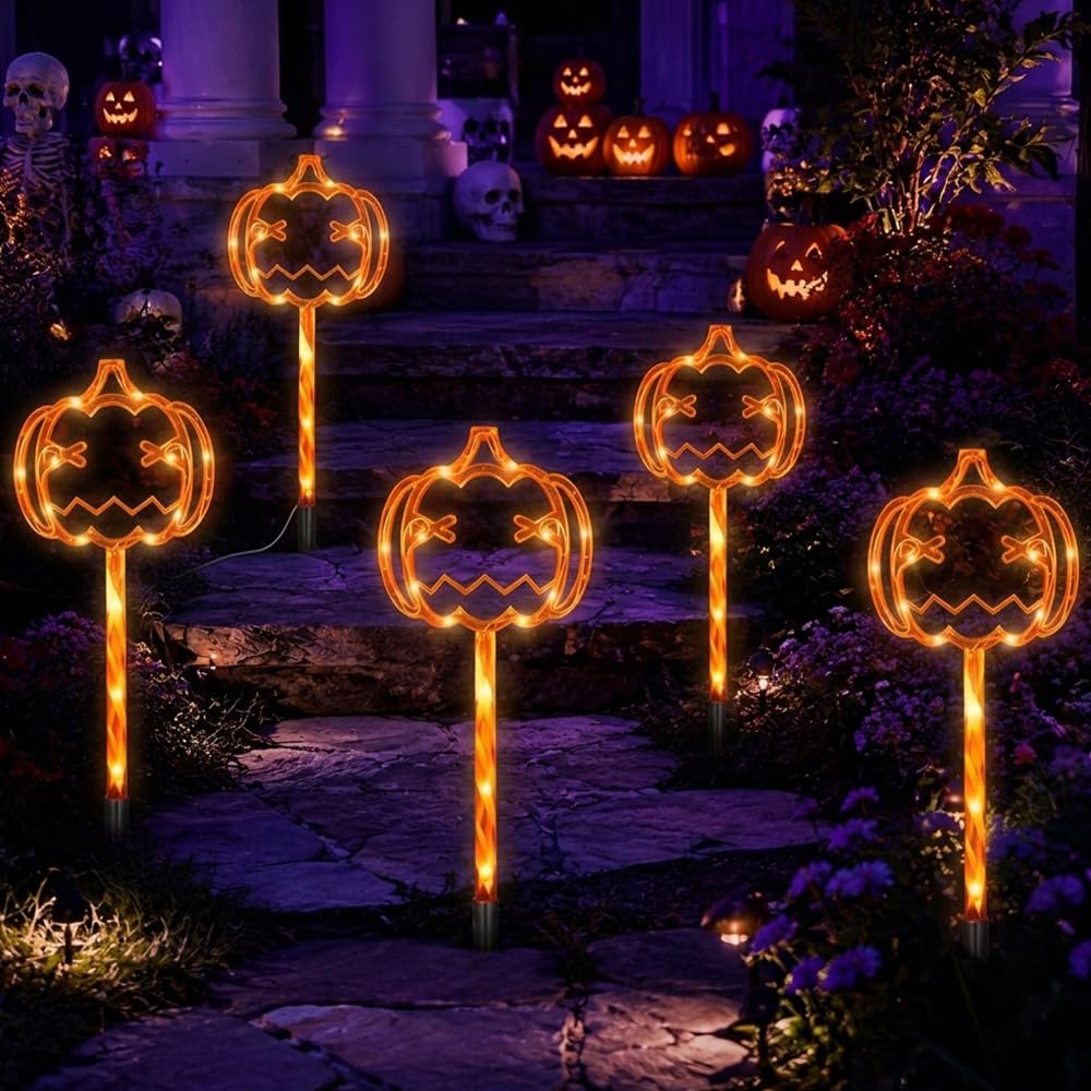 Mineup 5 Pcs Solar Pumpkin Lights for Halloween Decorations Outdoor, Halloween Pumpkin Pathway Marker Lights, Pumpkin Stakes Light with 8 Modes, for Walkway, Garden, Lawn, Patio Outdoor Decor — image 1