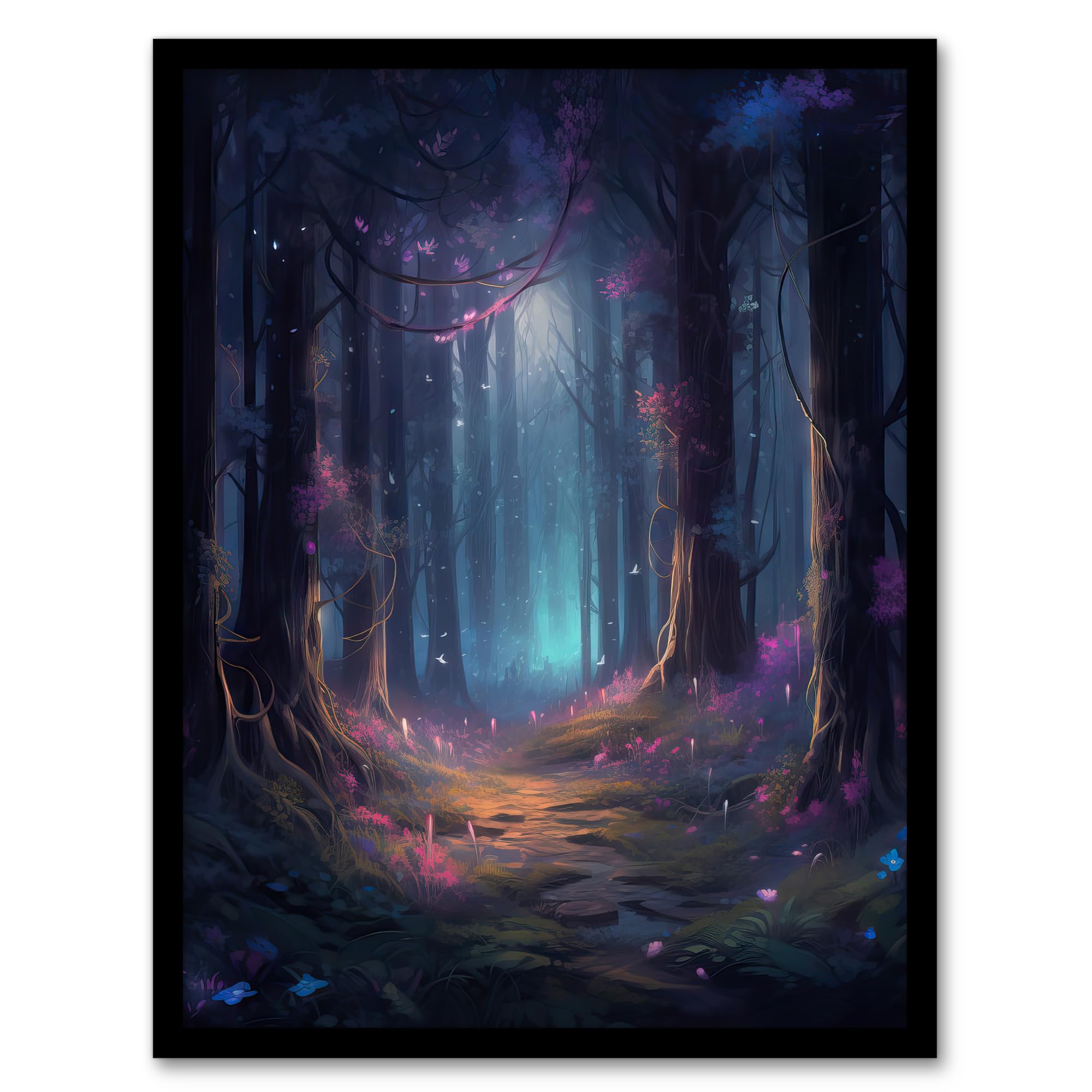 Artery8 Enchanted Forest With Bioluminescent Flowers Oil Painting Pink Blue Green Serene Fantasy Landscape Colourful Magical Nature Mystical Modern Artwork Framed Wall Art Print 18X24 Inch