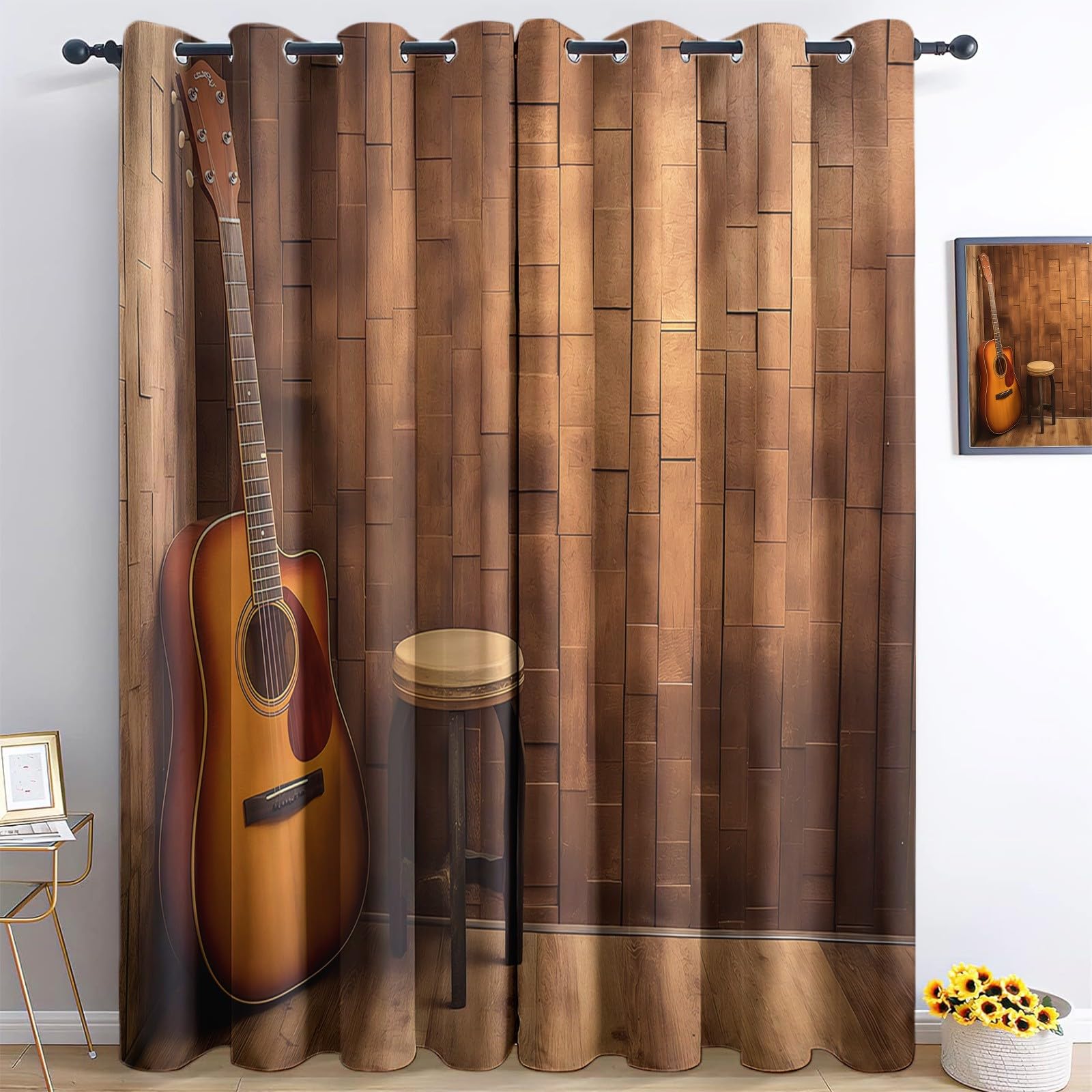 Marrone Tende stampate per tende da camera da letto e Chitarra vintage di musica country Tende 140L x 225A cm (2 Pannelli)(W x L) Tende stampate a risparmio energetico che bloccano la luce Tende