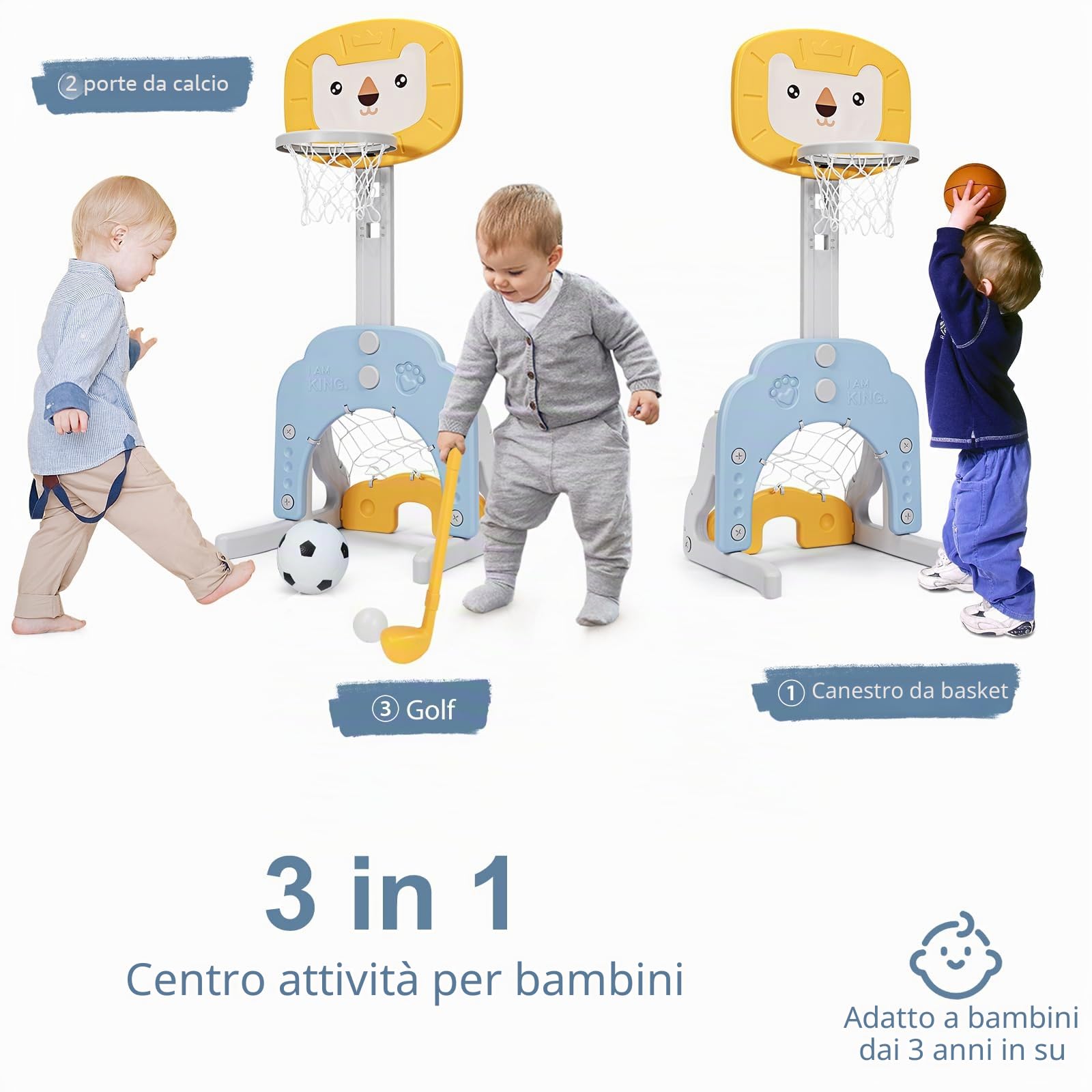 HOMASIS 3 in 1 Canestro Basket Bambini con Pallacanestro, Calcio e Golf, Basket Bambino a Forma di Leone con Altezza Regolabile 110-149 cm, Canestro Basket da Camera da Esterno (Giallo)