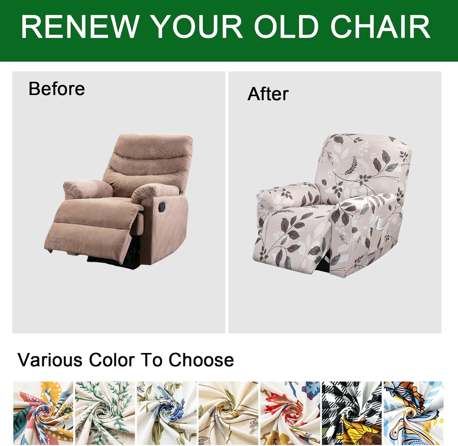 FUANGUI Recliner Chair Cover 4-Pieces Lazyboy Cover for Recliner Chair with Storage Pockets Furniture Protector for Living Room, Jacquard Sofa Slipcover for Kids, Pets, Dog and Cat, 44