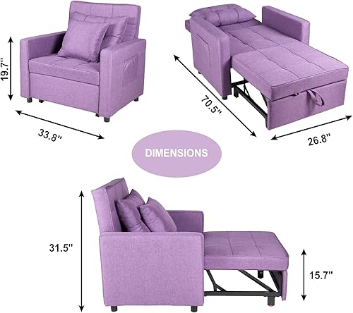 Miniatura 24 de Polar Aurora Silla de sofá cama convertible 3 en 1, tumbona, sillón reclinable individual para espacio pequeño con respaldo ajustable (verde)