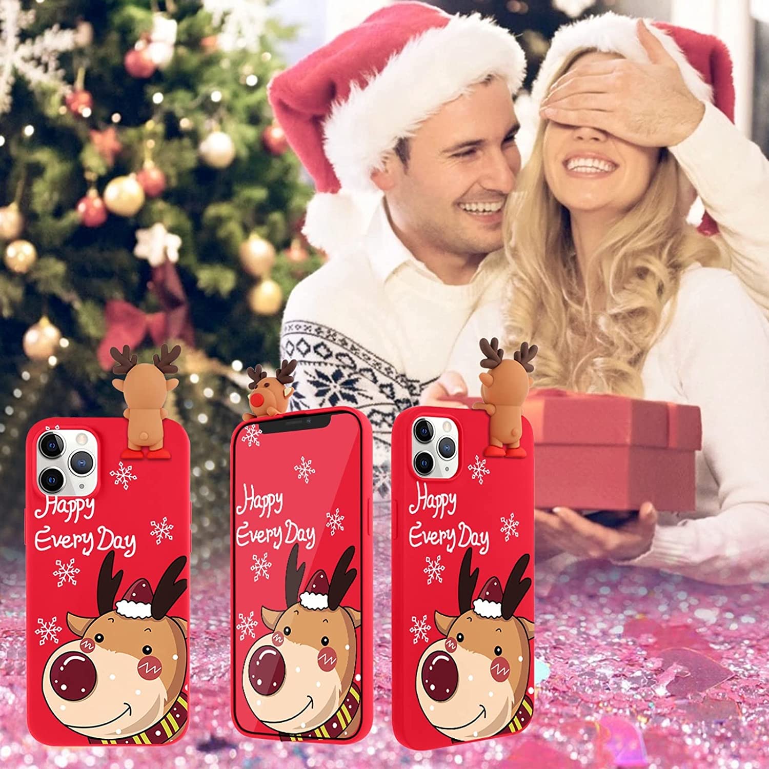 Pnakqil Cover Per IPhone 14 Pro Max 2 Pezzi - Custodia In Silicone Trasparente Con Motivo Natalizio 3D (Cervo, Pupazzo Di Neve), Morbida E Antiurto - 4