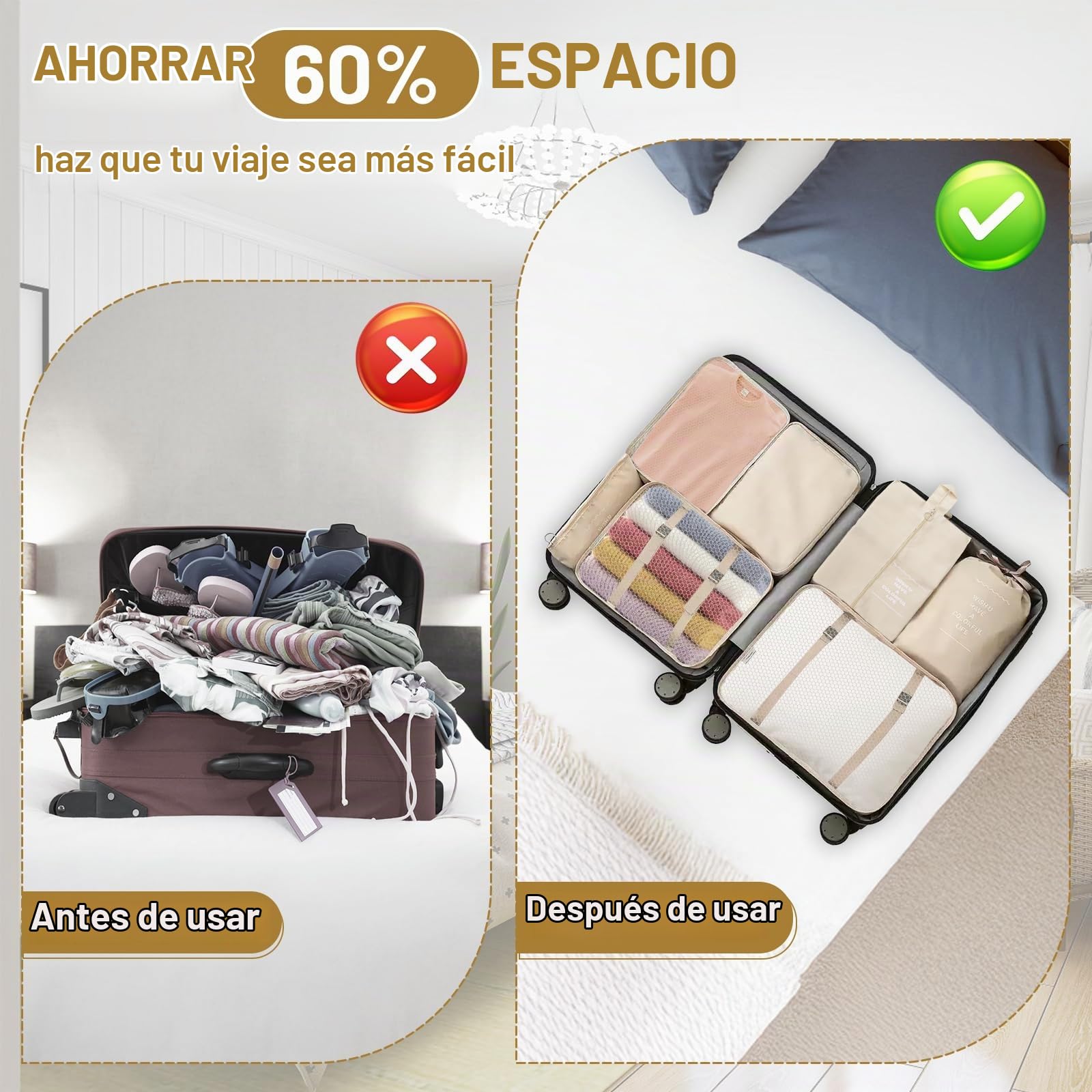 Set de Organizador Maleta de 12 Piezas,Packing Cubes Impermeables,Cubos de Embalaje con Bolsas para Ropa,Bolsa Zapatos,Neceser,etc.|Beige|Ahorro de Espacio para Vacaciones y Viajes de Negocios