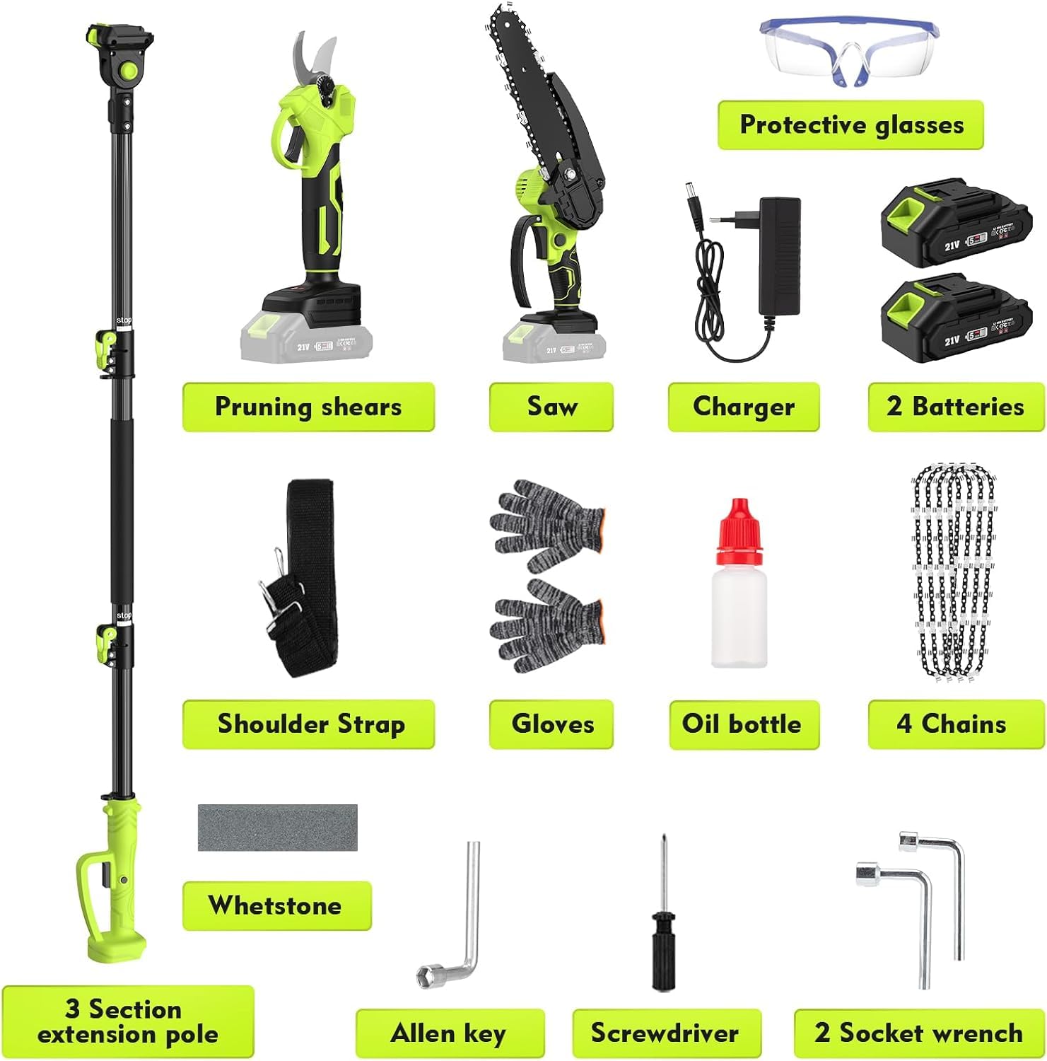 Kit de Tijeras de Podar Telescópicas y Motosierra Telescópica a Batería, 4 en 1 Podadora Electrica Herramientas de Jardín con Motorm 550 W, 2*4000 mAh Baterías, 4 Cadenas para Jardines Arbusto y Ramas
