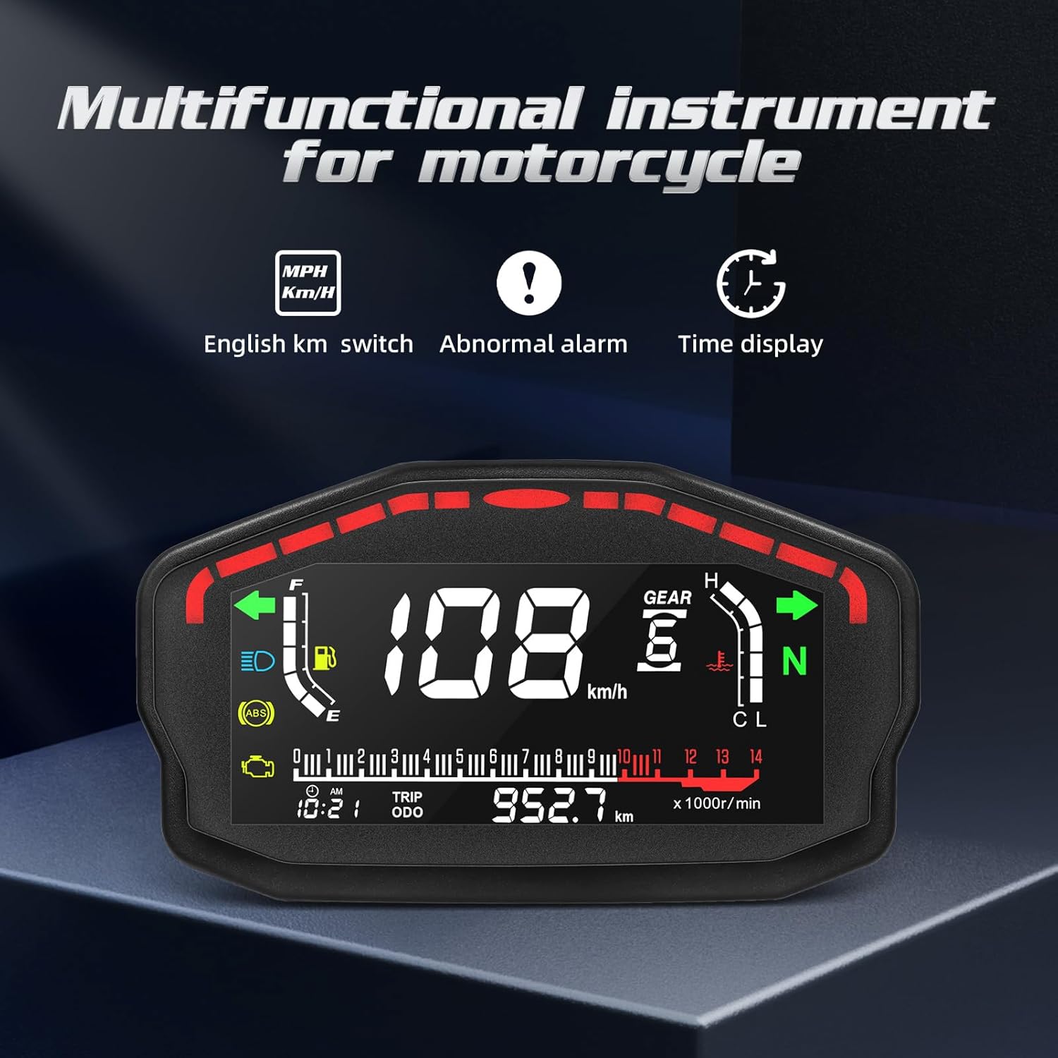 MH Motorcycle Speedometer Tachometer Digital MPH/KM Speed Gauge Fuel Indicator 6 Gear 14000r/min Multi-Function Odometer