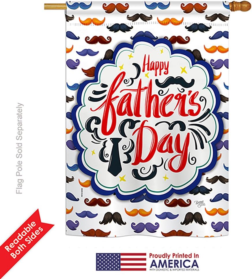 Breeze Decor H115139 Happy Mustache Summer Father's Day Decorative Vertical House Flag, 28" x 40" inch, Multi-Color