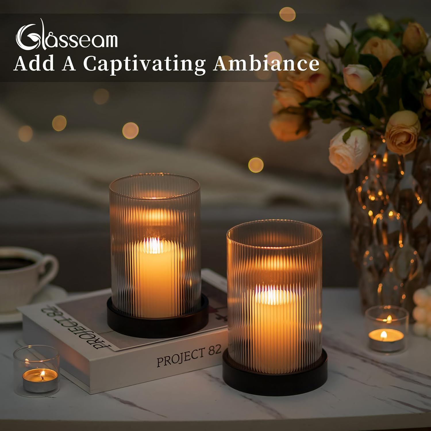 Glasseam Glass Hurricane Candle Holder: Black Pillar Candle Holders Set of 2 Ribbed Clear Glass Cover with Metal Candle Tray Modern Candle Holders for Table Centerpiece Living Room Fireplace Decor