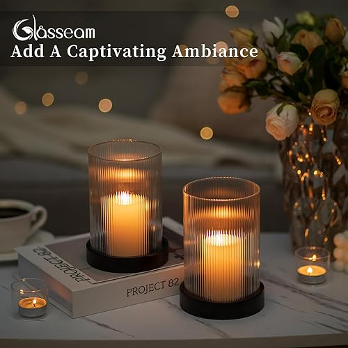 Miniatura 4 de Glasseam Portavelas de cristal de huracán portavelas de pilar negro, juego de 2 portavelas de cristal transparente acanalado con bandeja de vela de