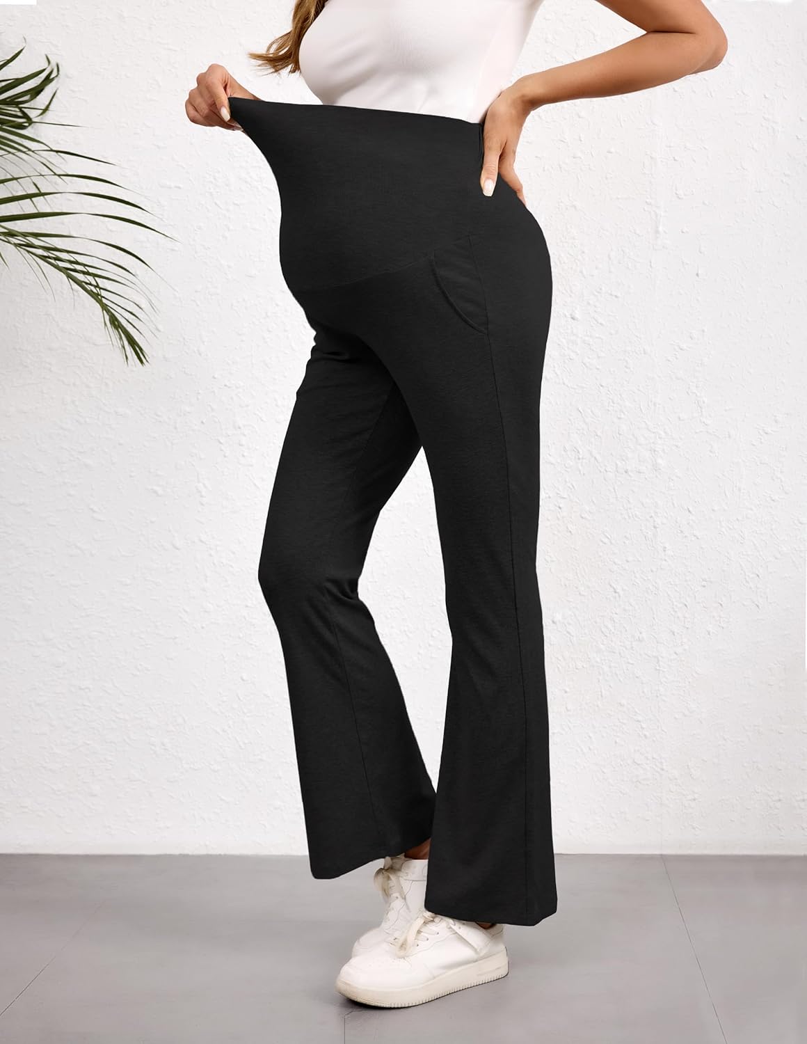 Maternity Lounge Pants Bamboo Viscose Pregnancy Pants Soft Stretchy Comfy Bell Bottoms with Pockets - Image 2