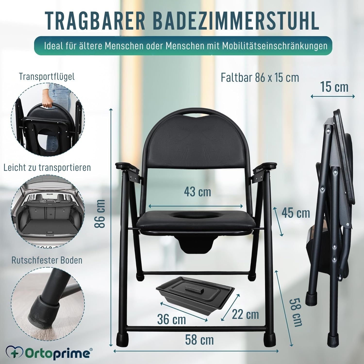 OrtoPrime Toilettenstuhl für Senioren klappbar – WC Stuhl mit Eimer – Nachtstuhl für Erwachsene – Klostuhl höhenverstellbar – Toilettenstuhl mit Inodoro – Leibstuhl für Senioren, stabil & sicher