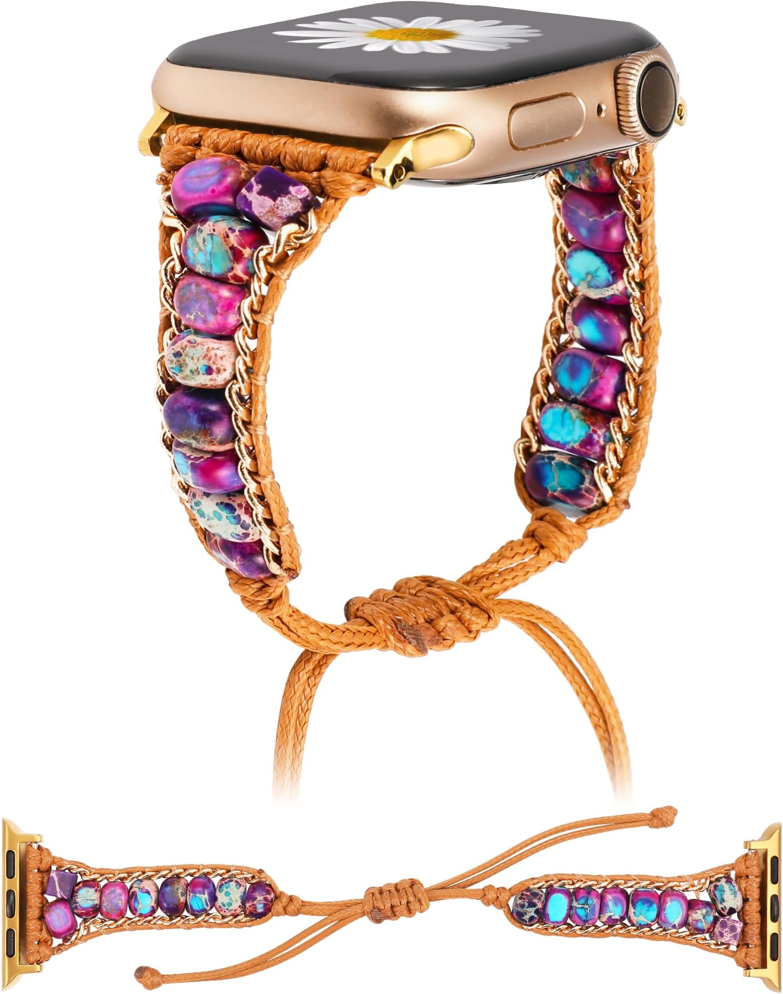 W-RARA Boho Stone Bracelet Compatible with Apple Watch Band 38/40/41/42/44/45/46/49mm Women, Handmade Natural Stone Colorful Jasper Strap for iWatch Series 11 10 9 8 7 6 5 4 3 2 1 SE/Ultra(1/2/3)