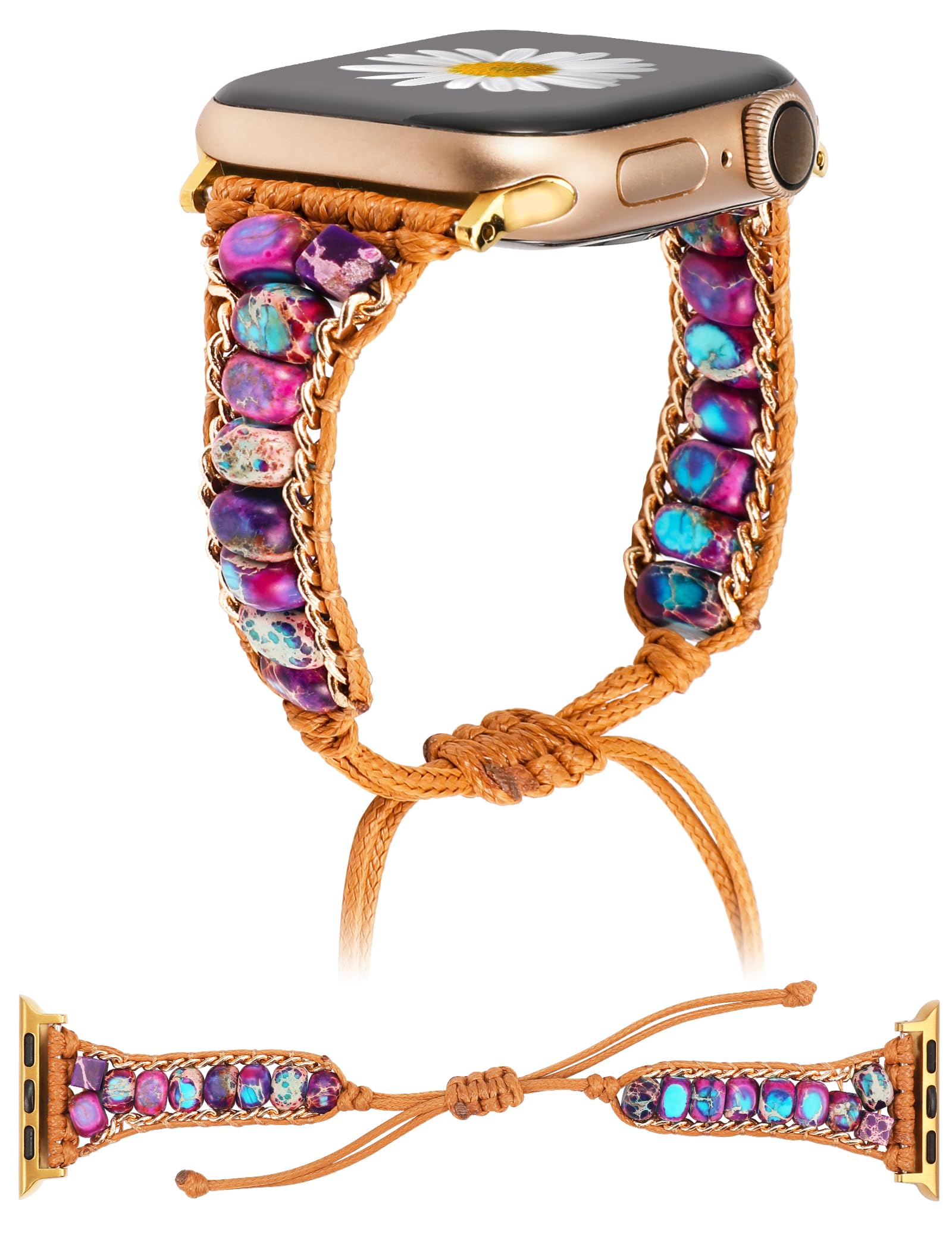 W-RARA Boho Stone Bracelet Compatible with Apple Watch Band 38/40/41/42/44/45/46/49mm Women, Handmade Natural Stone Colorful Jasper Strap for iWatch Series 11 10 9 8 7 6 5 4 3 2 1 SE/Ultra(1/2/3)