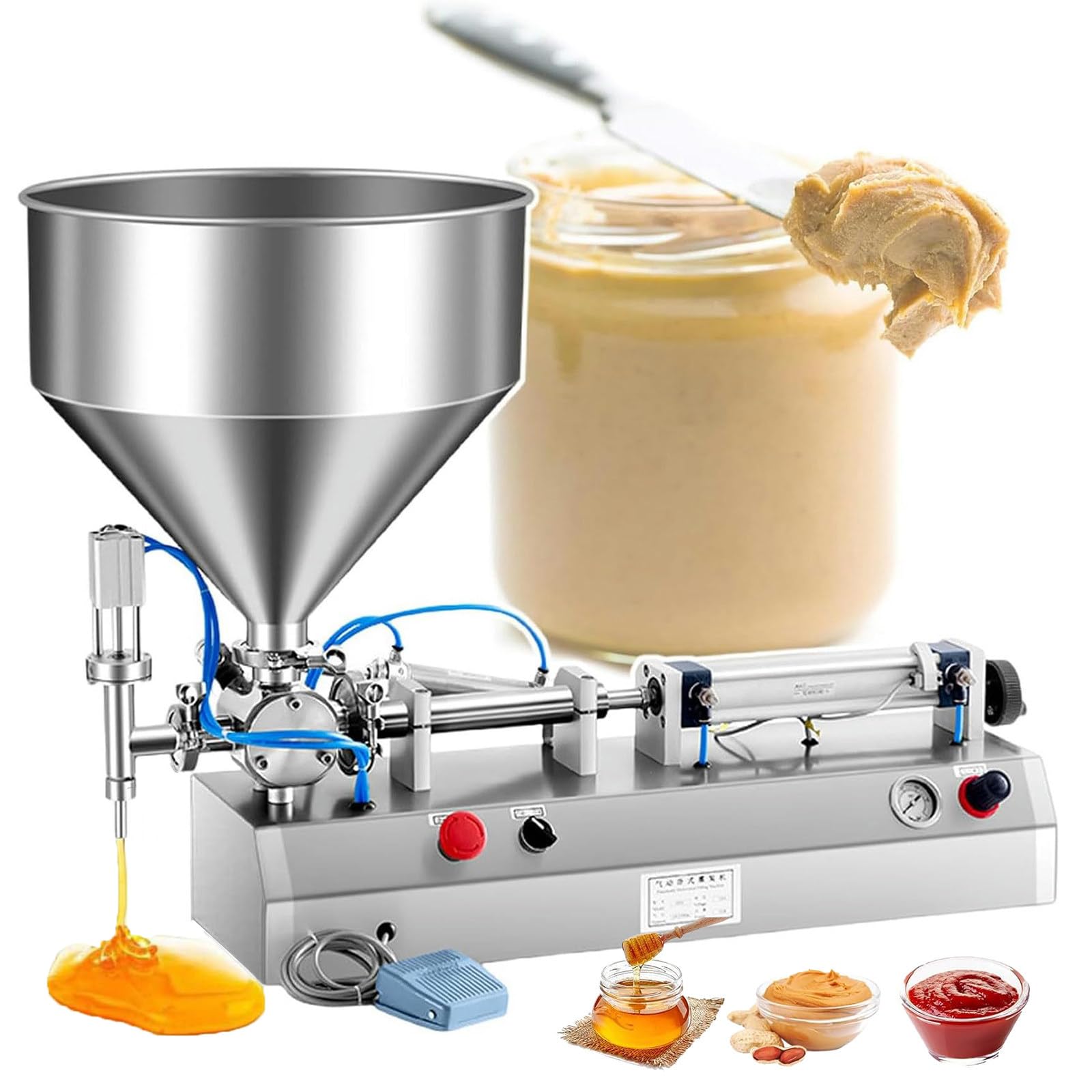 Pozioma Pneumatyczna Maszyna Do Napełniania Płynem I Pastą, 5-1500 Ml Napełniacz Tłokowy Półautomatyczny Dozownik Pasty Do Oleju, Kremu, Balsamu, Miodu I Masła, 1-25 Butelek/Minutę 1000ML