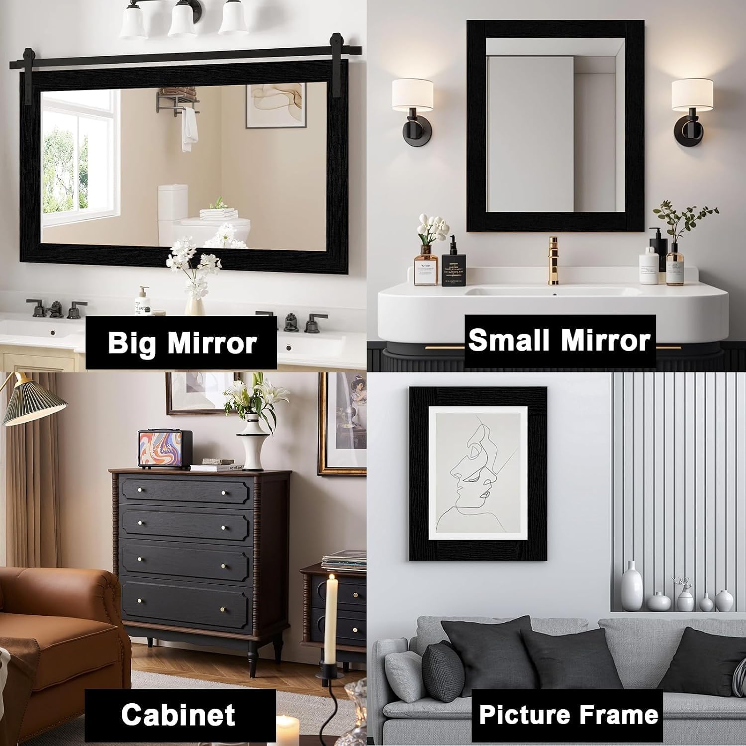 Alened 15M Black Mirror Border Peel and Stick, Wood Grain Wallpaper Border