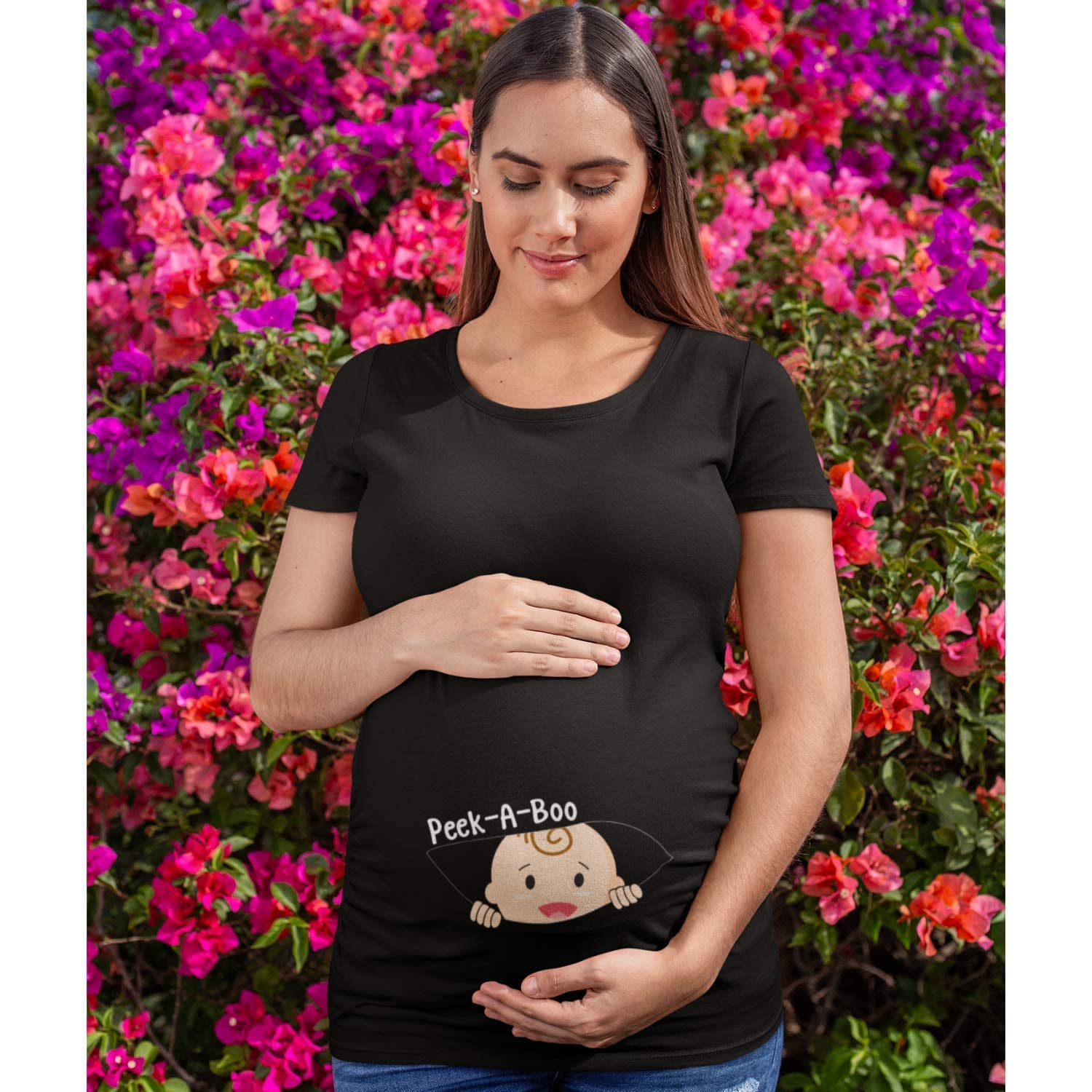 TheYaYaCafe Mothers Day Peek a Boo Baby Women's Pregnancy Maternity T-Shirt Top Tee Round Neck Half Sleeves Black Large