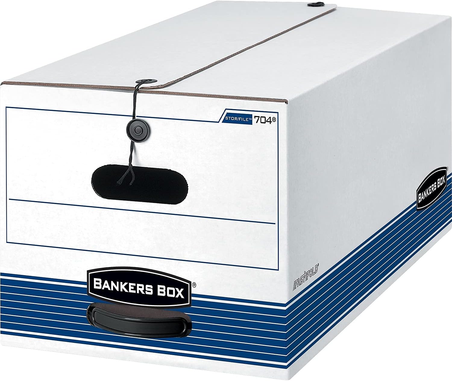 Bankers Box STOR/File Medium Duty Storage Boxes, FastFold, String and Button, Letter, 4 Pack (0070403), White, Blue, 10.8" x 12.3" x 24.1"