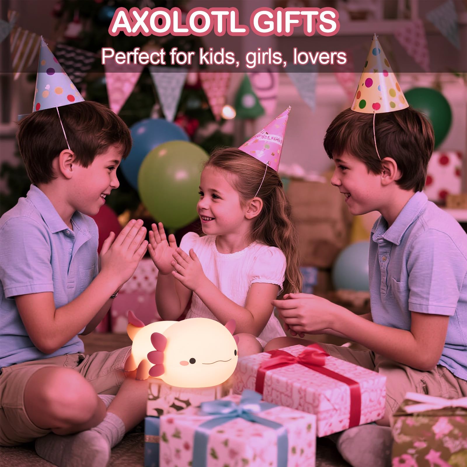Axolotl Lampe, Axolotl Niedliches Nachtlicht, Geschenke, wiederaufladbares Nachttisch-Nachtlicht, dimmbare Squishy-Silikon-Tier-Touch-Lampe, Babyzimmer-Dekor, rosa Nachtlicht für Kinder, Teenager