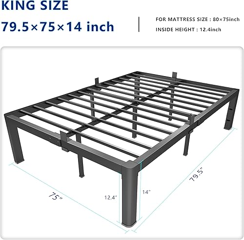 Miniatura 3 de Base para cama King de metal con plataforma de 14 pulgadas, esquinas redondeadas y retenedores de colchón, soporte de listones de acero resistente