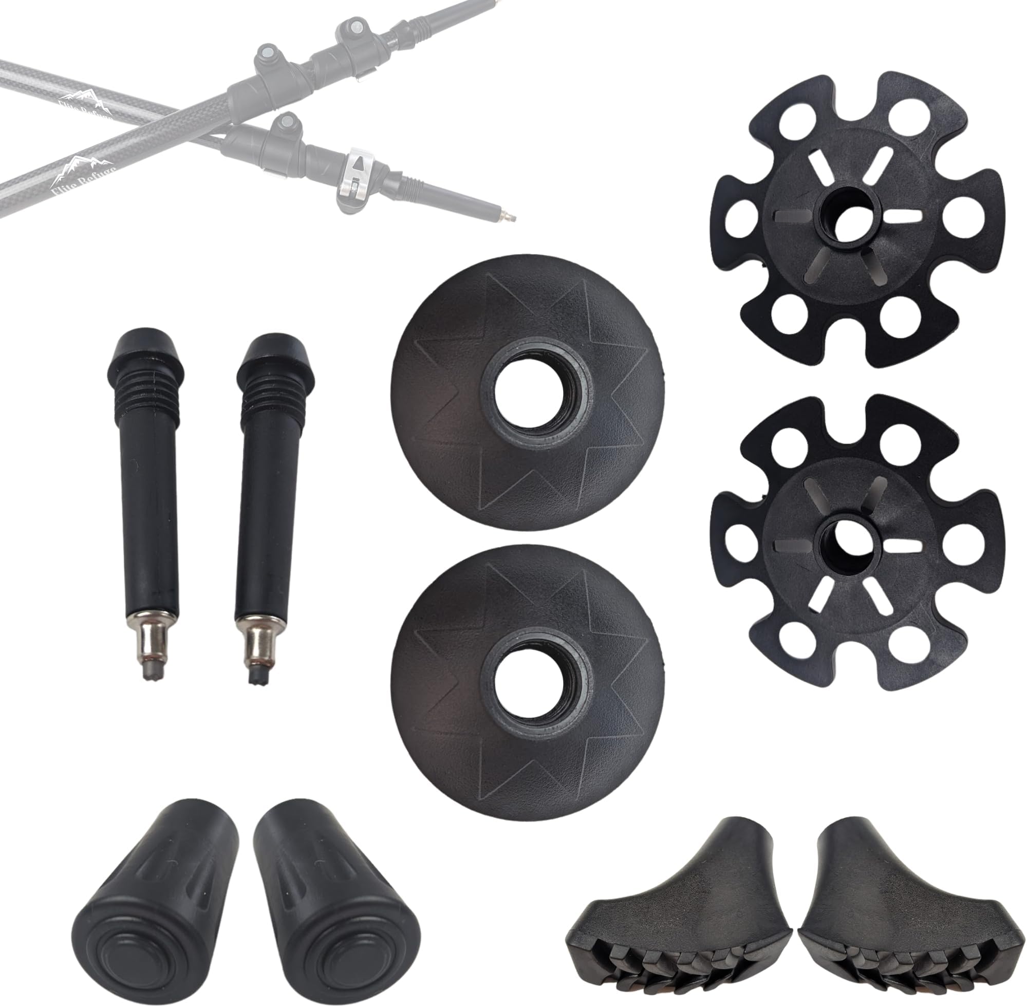 Trekking Pole & Walking Stick Tip Replacements - Universal 10pcs Set: 2 Carbide Tips, 2 Snow Baskets, 2 mud Tips, and 2 Rubber Tips. for Lost or Worn Trekking Pole Tips