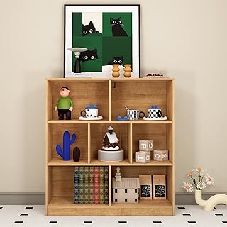7-Cube Wooden Bookshelf with Base,3-Tier Freestanding Open Storage Organ...