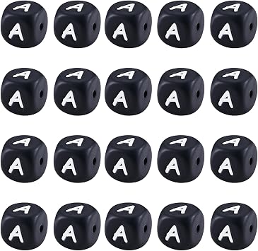 Ornaland 20 Pcs 12mm Silicone Letter Beads Square Letter Beads for Bracelets Keychains Necklaces and Lanyards Making Black Letter A