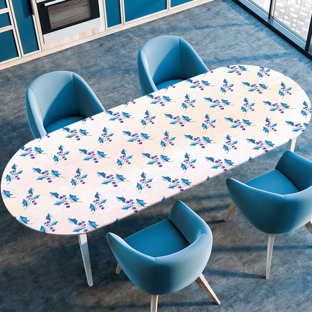 Surwin Oval Table Cover Tablecloth Protector with Elastic Edged Fitted, Non-Slip Oval Tablecloths Wipeable Resistant for Garden Dining Outdoor Party Picnic -Plant Printed (Blue Leaf,107x152cm)