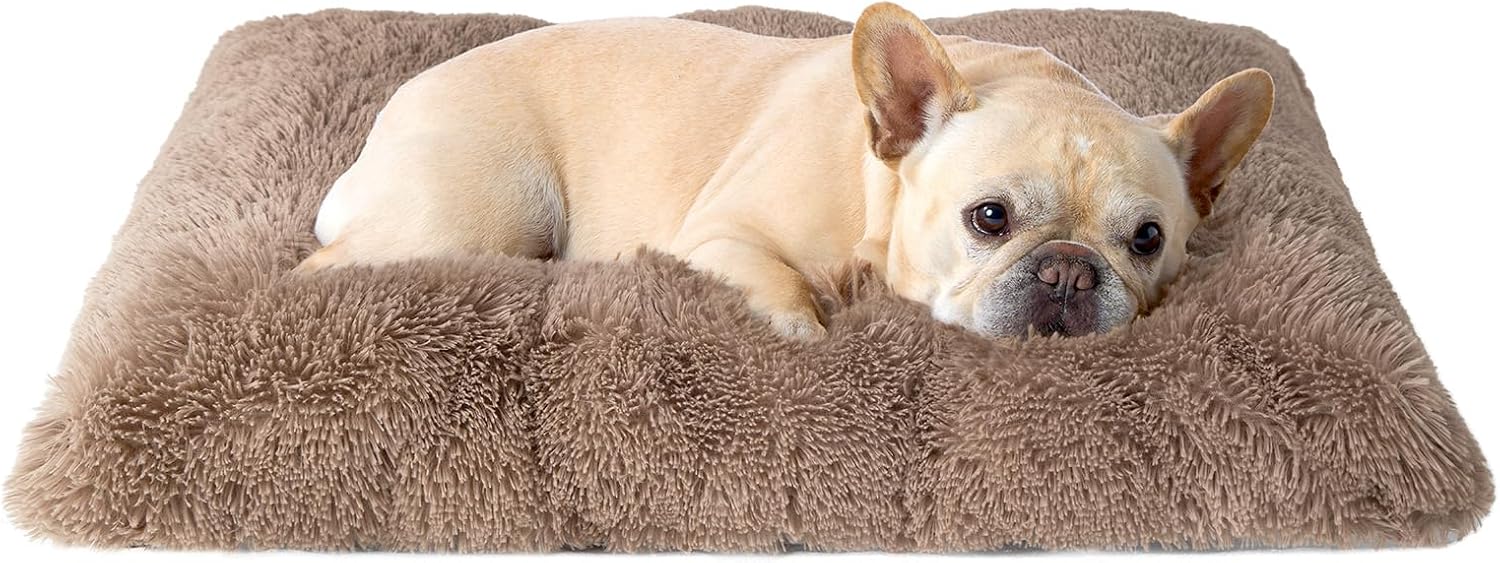EHEYCIGA Fluffy Dog Crate Bed for Medium Dogs, Plush Crate Pad, Camel