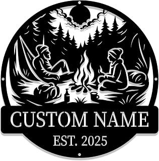 Personalized Forest Fireside Campfire Monogram, Metal Sign Décor, Custom Home & Wall Decoration, Personalized Sign, Outdoor Campsite, for Backyards, Deer Leases, Campgrounds, and Fire Pit or Rustic Cabin or RV Décor- Forest Fireside Campfire