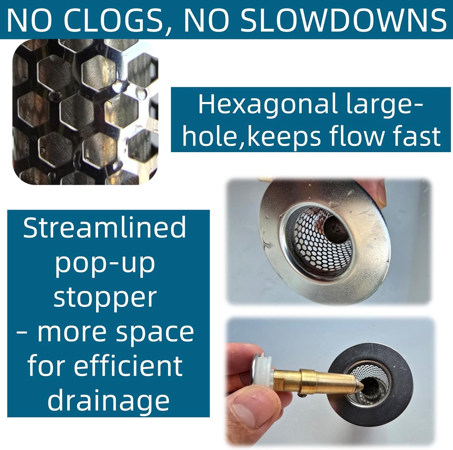 Bathroom and Kitchen Sink Drain Strainer, Universal Pop-up Sink Drain Strainer with Removable Stainless Steel Strainer Basket Hair Catcher, Universal Pop Up Bathroom Sink Stopper Replacement - Image 2