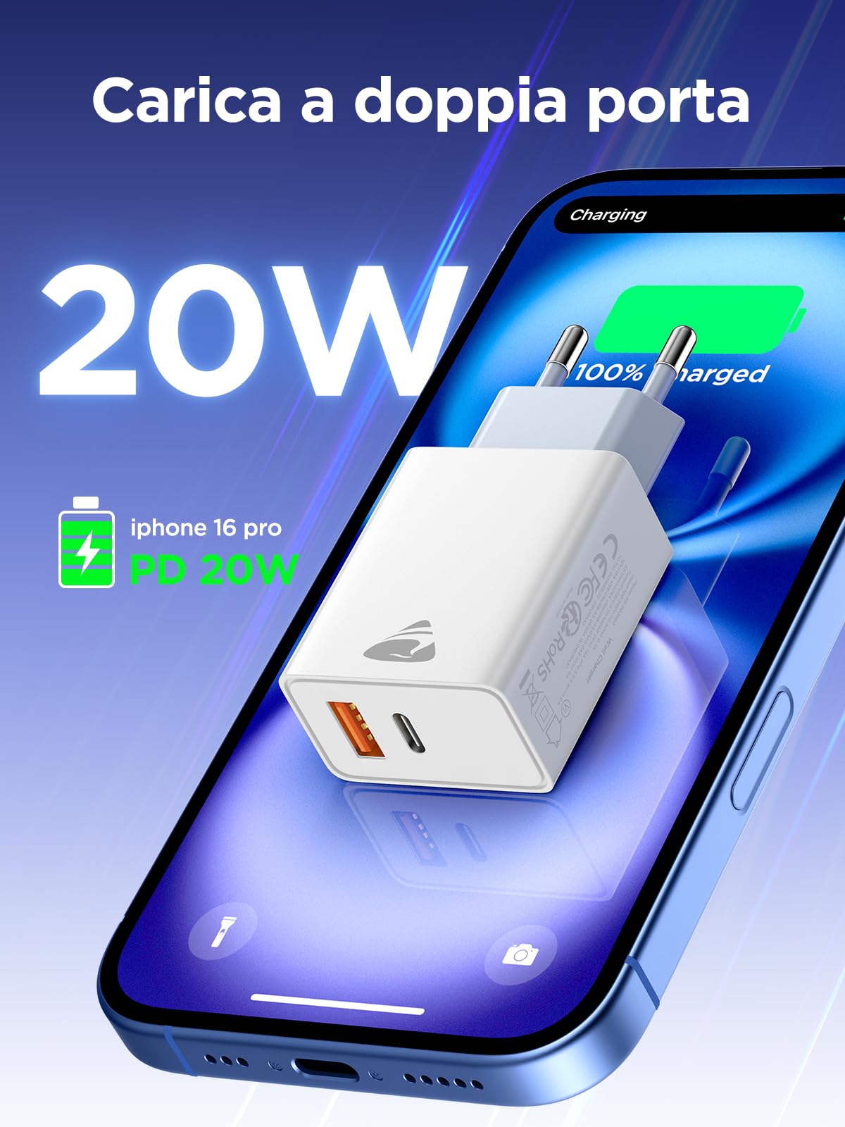 Caricatore USB C 20W 2 Pezzi PD QC3.0 Spina Tipo C Alimentatore per iPhone 17 16 15 Samsung Spinotto Muro