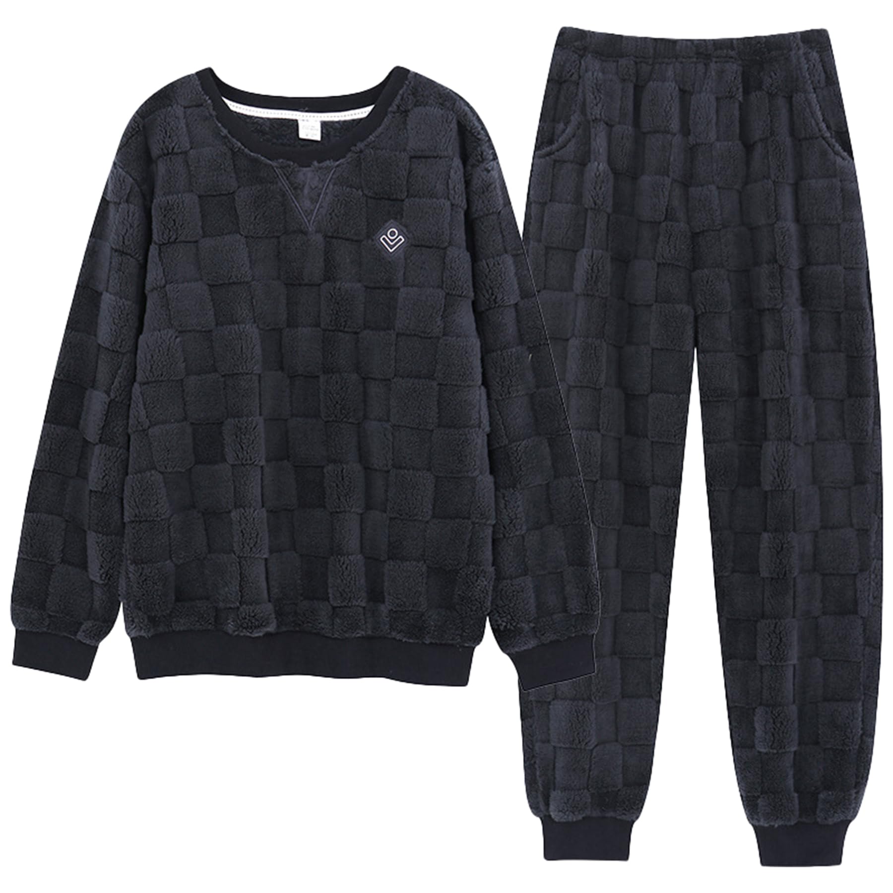 Set di Pigiami da Uomo Pigiama in Pile Corallo Autunnale e Invernale in 2 Pezzi Pullover Ispessito Vestito da casa Pigiama in Peluche Scozzese da Uomo,Steel Blue,XXL