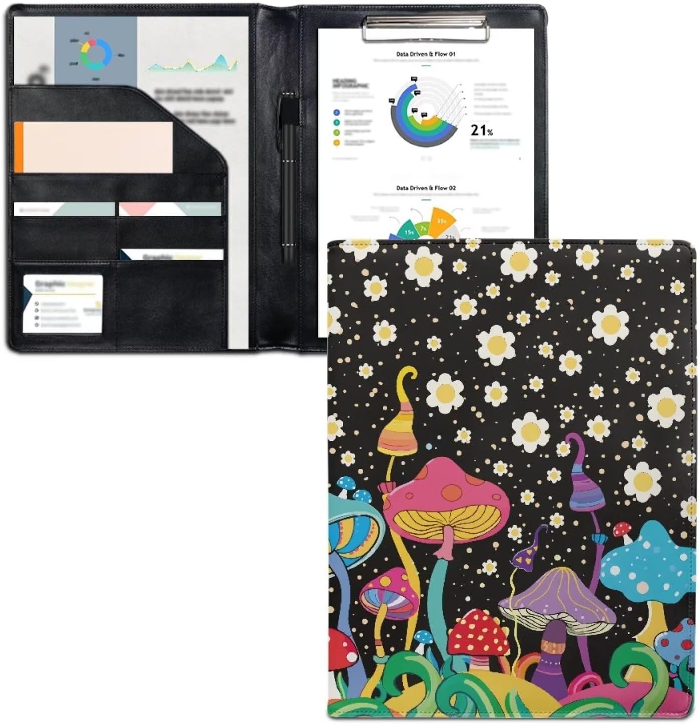 Cozeyat File Folders with Pockets Aesthetic Mushroom Daisy Design Portfolio Binder Leather Document Holder Multifunctional A4 Conference Folder for Office School