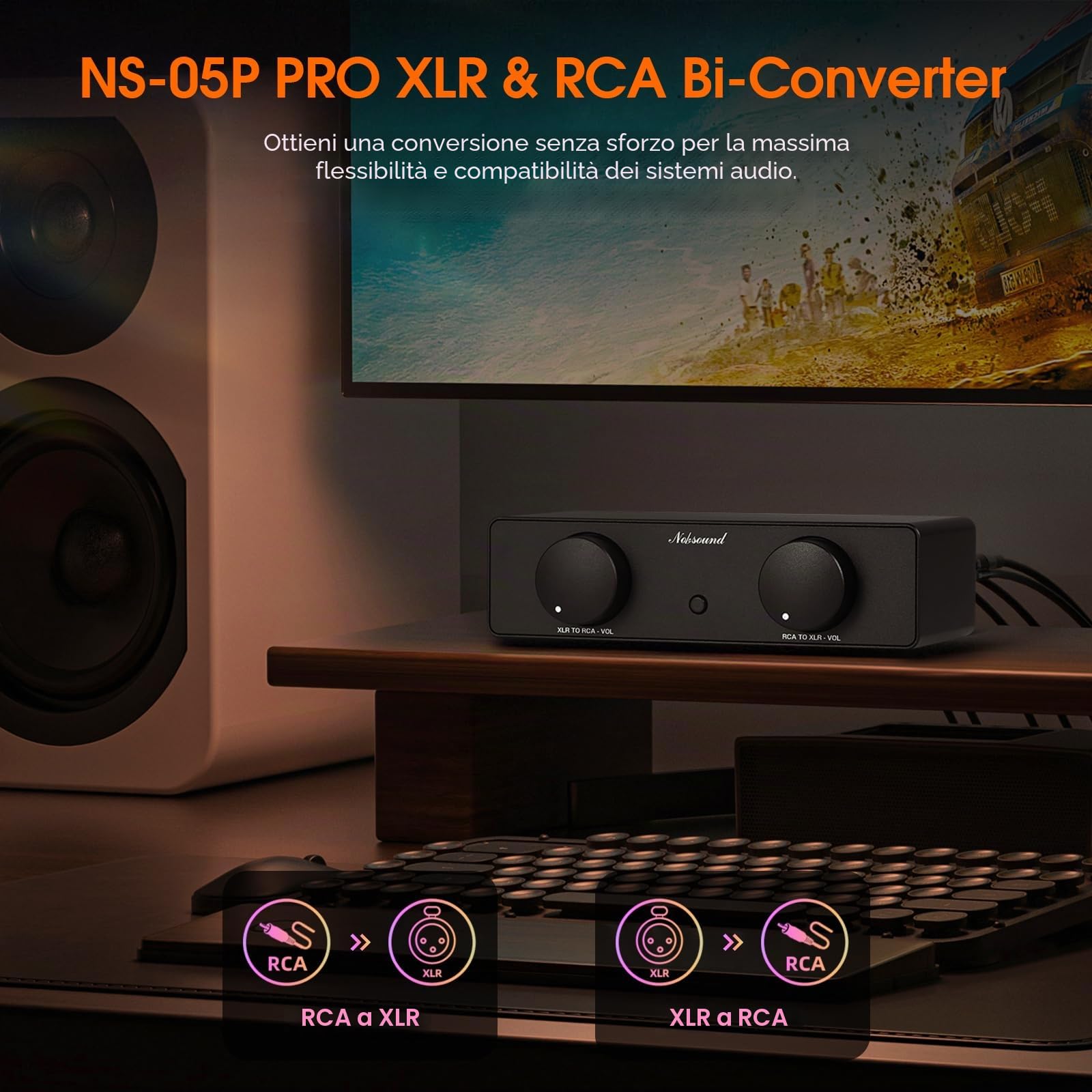 Nobsound Convertitore XLR RCA bidirezionale: adattatore audio bilanciato preamplificatore con doppie manopole del volume, elimina ronzio e rumore per monitor da studio, sistema Hi-Fi (NS-05P PRO)