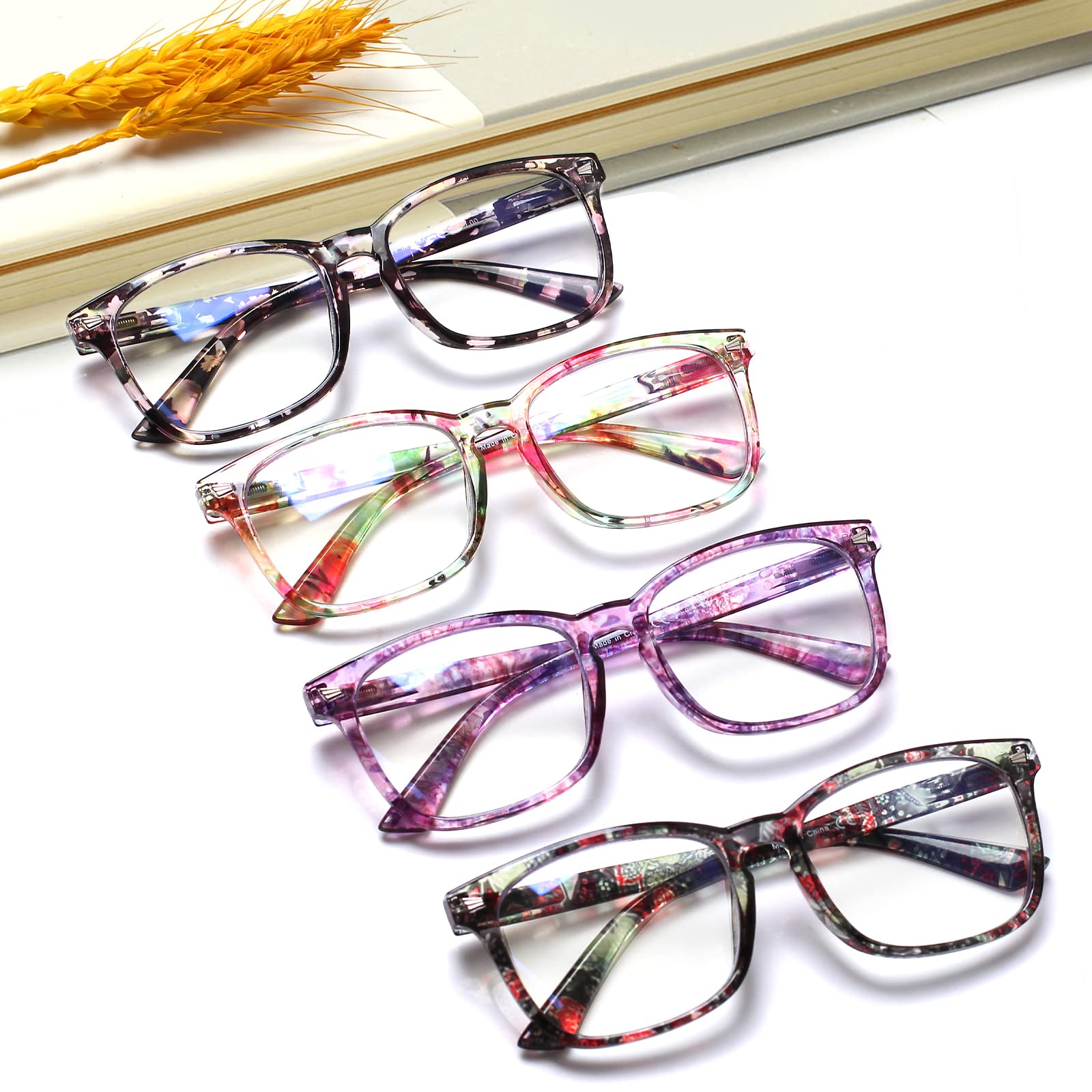 HENOTIN Lesebrille für Damen, mit Federscharnier, blaues Licht, modisches Muster, für Frauen (Leser mit Musterdruck, 2,0, Dioptrien)
