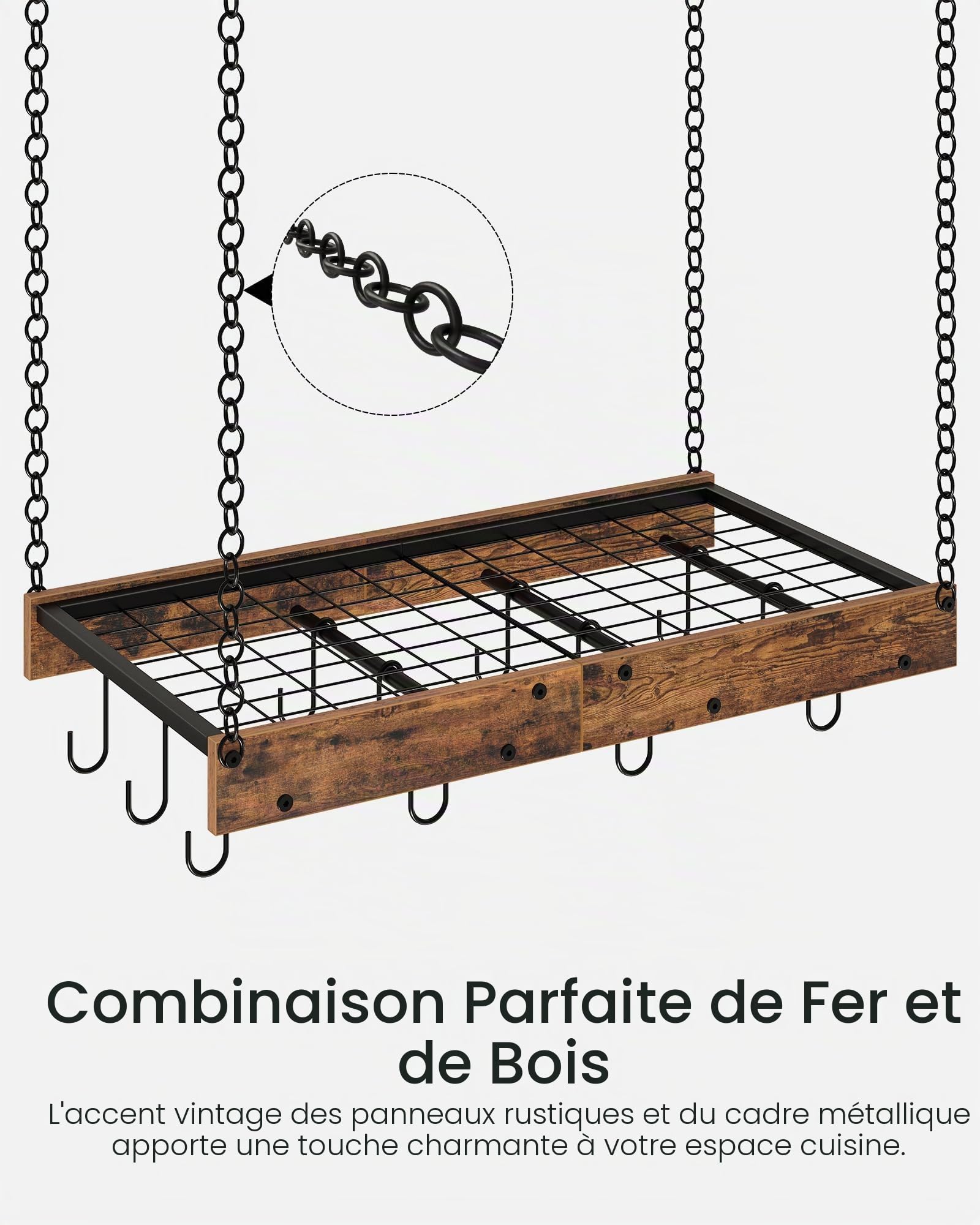 CHOEZON Porte-casseroles Suspendu 61 cm, Support à Poêle Suspendu au Plafond, Étagère de Cuisine, 12 Crochets, Rangement des Ustensiles, Gain de Place, Noir et Marron Rustique DTPR01BF