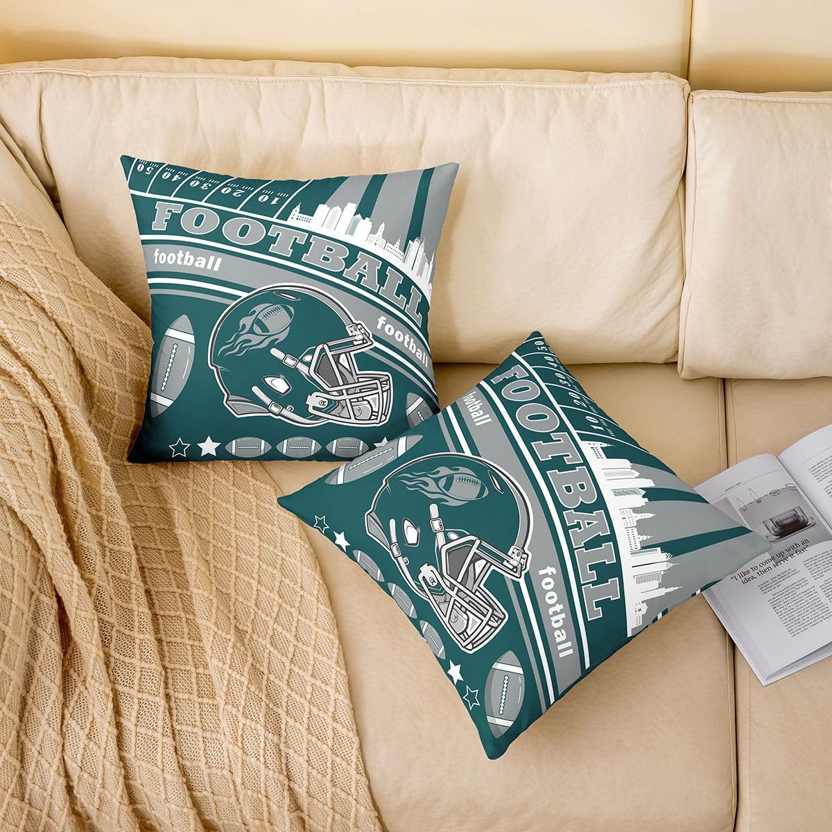 jejeloiu Football Square Cushion Covers Set of 4, 18 x 18-Inch, Rugby Sports Reversible Throw Pillow Covers Football City Decor Pillowcase Indoor Outdoor