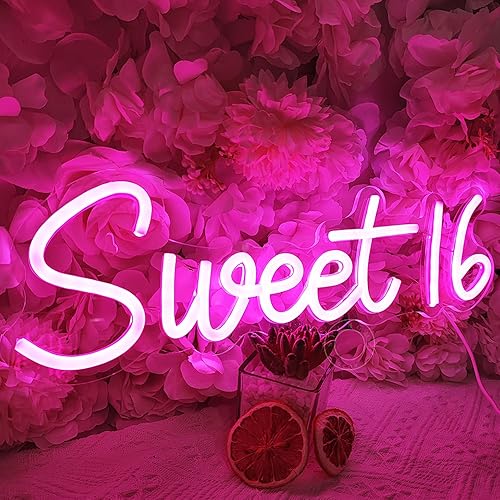 SYLHOME Cartel de luz de neón con 16 luces LED de color rosa dulce niñas adultos dormitorio feliz 16 cumpleaños decoración pared banner Beautiful
