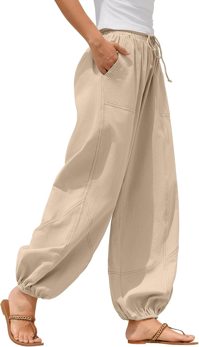ZAFUL Women Linen Pants Drawstring Elastic Waisted Casual Palazzo Harem Pants Lounge Beach Summer Pants with Pockets 2025 Travel Vacation Outfits Apricot M at Amazon Women’s Clothing store