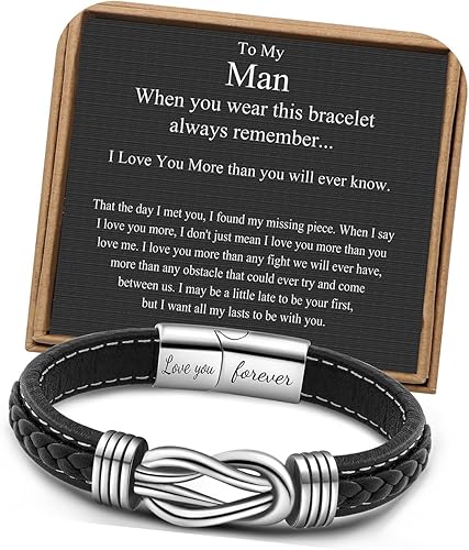 Pulsera de nudo de hombre para regalo, cuero trenzado color marrón, del infinito, de acero inoxidable, con la frase Love You Forever, para hijos,