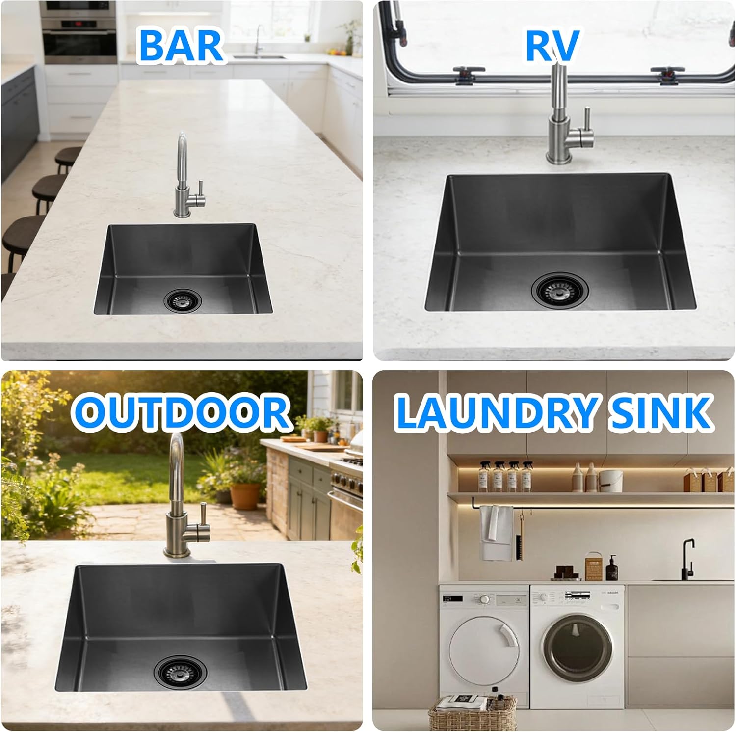 PEPO Black Undermount Bar Sink 23X18 Inch Kitchen Sink 16 Gauge Gunmetal Black Stainless Steel Single Bowl for Prep Kitchen Sinks Outdoor