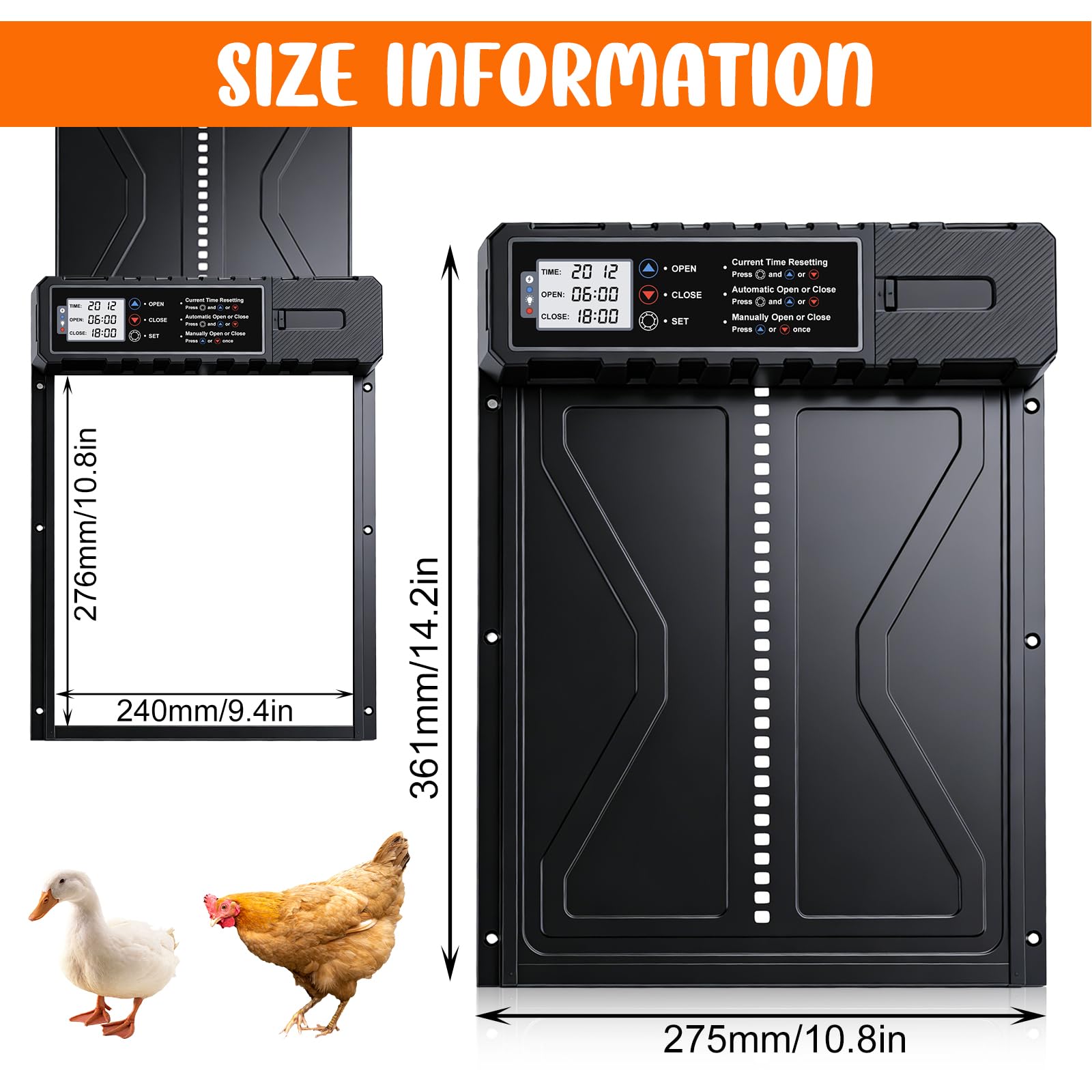 Batería automática de gallina, tamaño de aluminio puerta eléctrica de pollo con pantalla+temporizador+protección inteligente contra pellizcos Modo manual, funciona con pilas (pilas no incluidas)