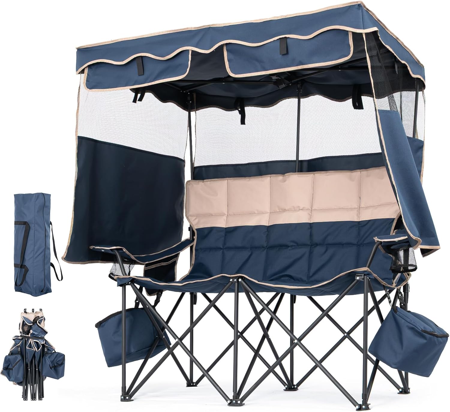 ABORON Double Camping Chair with Canopy, 2-Person Folding Camp Chair with Big Cooler Bag & Cup Holders, Portable Outdoor Loveseat for Camping, Beach & Picnic